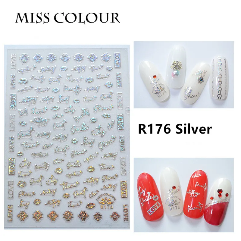 1 лист, японские ультратонкие наклейки для ногтей с лазерной надписью Amaily, дизайн, клейкие наклейки для стикеры 3D на ногти Nail Art, салонные наклейки R175, золото, серебро - Цвет: R176 Silver