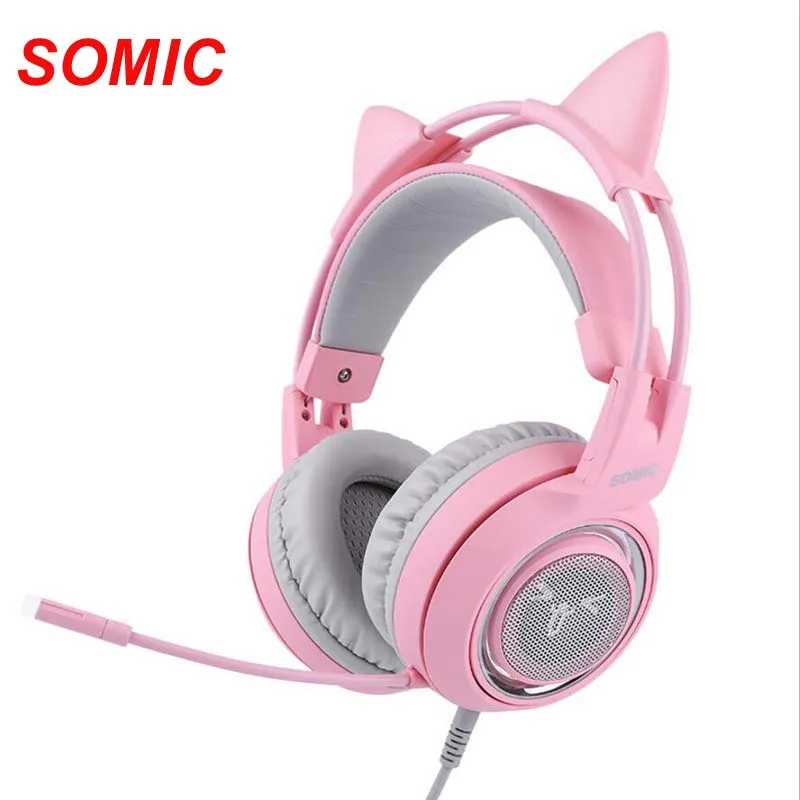 SOMIC G951 Pink USB Wired Gaming Headphone 7.1 Virtual with Microphone Cat Headsets for PC for PS4 ENC Noise Cancelling