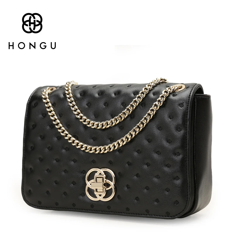 

HONGU Fashion Chain Crossbody Real Cow Leather Bags Women Handbags Shoulder Bag Polo Premium Gold Plated Metal Atmosphere Purses