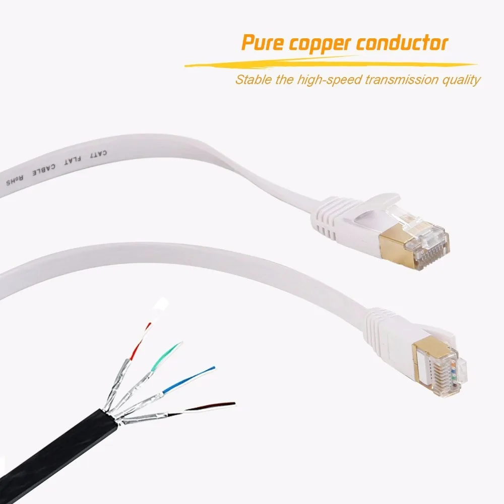 

30m Cat7 Ethernet Flat Patch Network Cable, Shielded (STP) with Snagless Rj45 Connectors white color