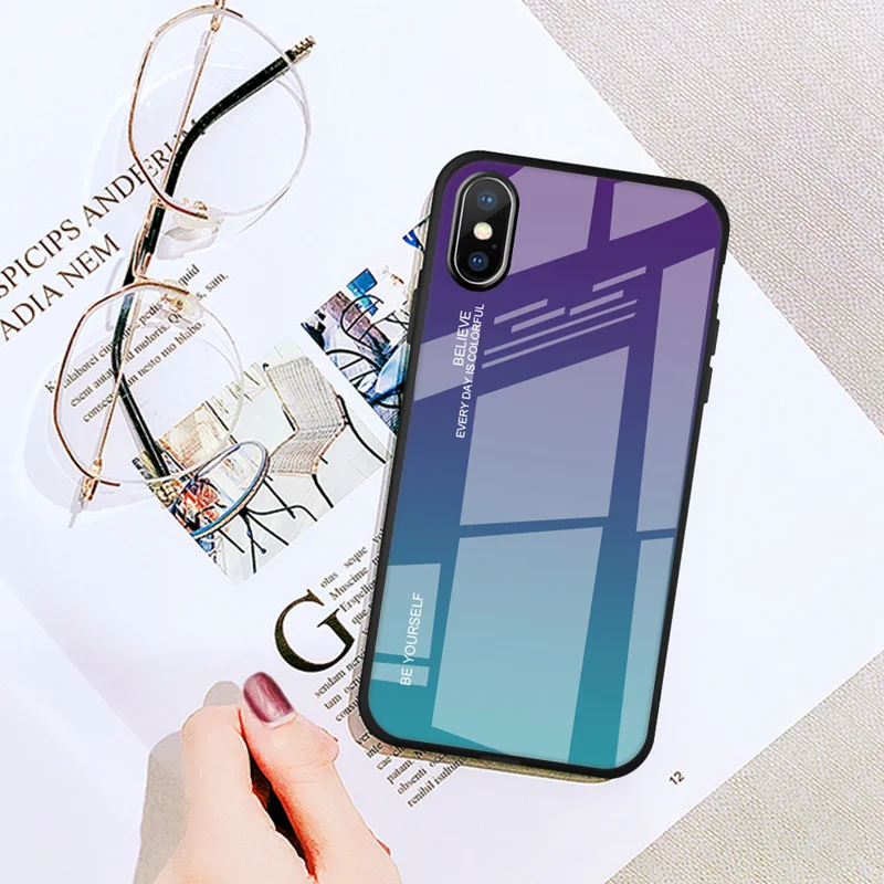 

Luxury Case For iPhone X XS 11 Pro Max 8 7 6 6S Plus Glossy Ultra Thin Slim Tempered Glass Cover For iphon XR 8 Coque Fundas