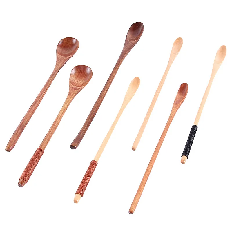 BalleenShiny Wooden Dessert Spoon Long Handle Wiring Coffee Stir Honey Milktea Scoop Cute Tableware Jam Cream Milktea Tools