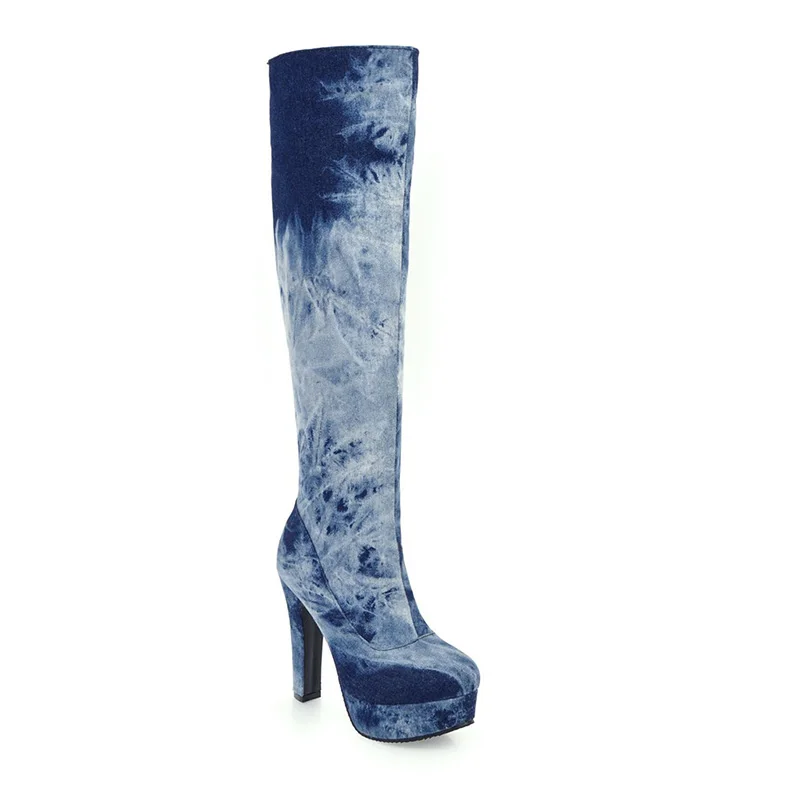 WETKISS/большой Размеры 33-50 джинсовые сапоги Женская мода Джинсы Обувь для Для женщин на высоком каблуке зимние сапоги на платформе Цветной на молнии - Цвет: deep blue