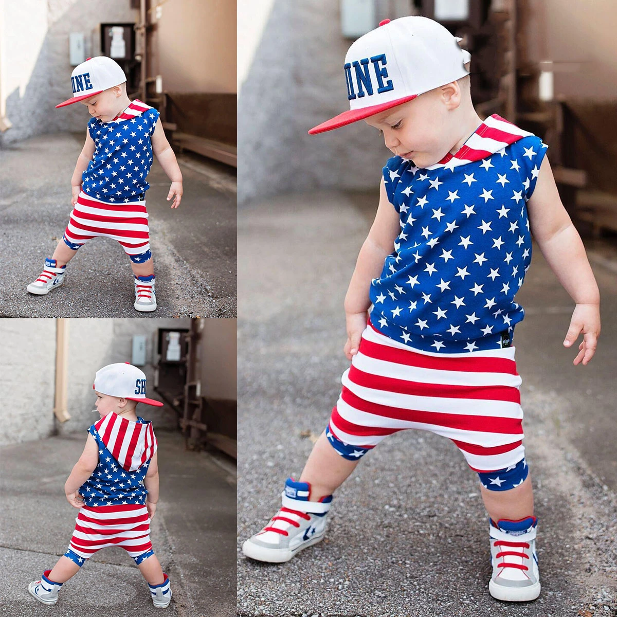 

I Love America 6M-4Y 2Pcs Toddler Kids Baby Cool Boys Tops Hoodie T-shirt + Harem Shorts Pants 4th of July Outfit Clothes Set