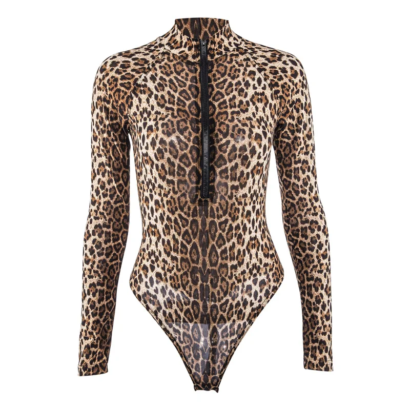 Леопардовый водолазка на молнии боди для женщин тощий сексуальный комбинезон с длинным рукавом женский боди Mujer мода игривые боди