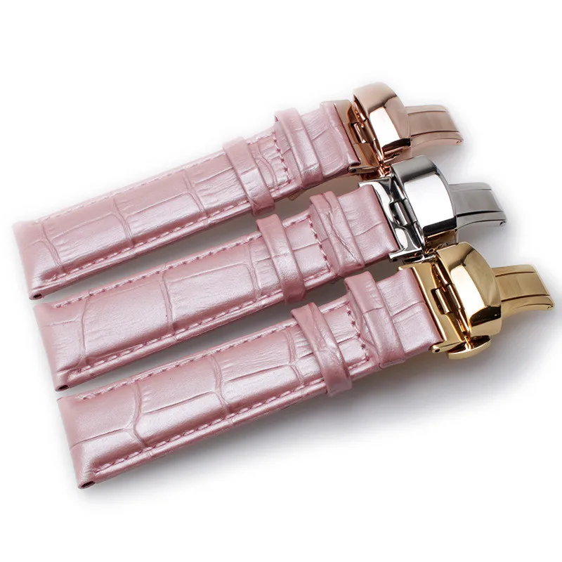 

Genuine Leather Watch Strap Pink Watchband Bracelet Butterfly Buckle for Women Ladies Watch 22mm 20mm 18mm 16mm 14mm 12mm