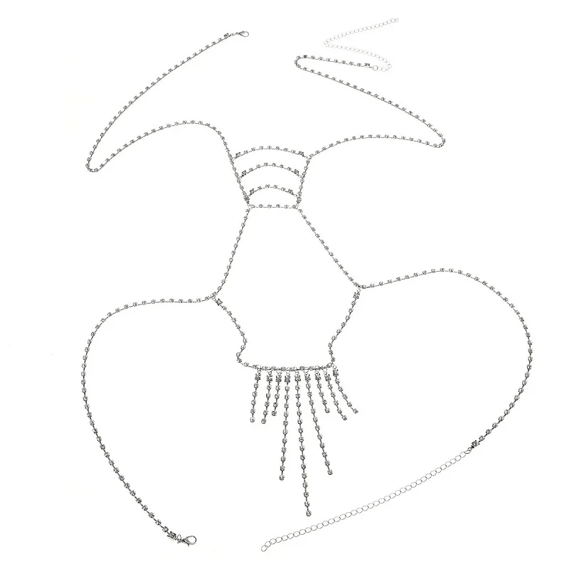Модная полная цепочка для тела со стразами, ювелирное изделие для женщин, уникальный блестящий Блестящий Кристальный сексуальный бюстгальтер для тела - Окраска металла: silver body chain