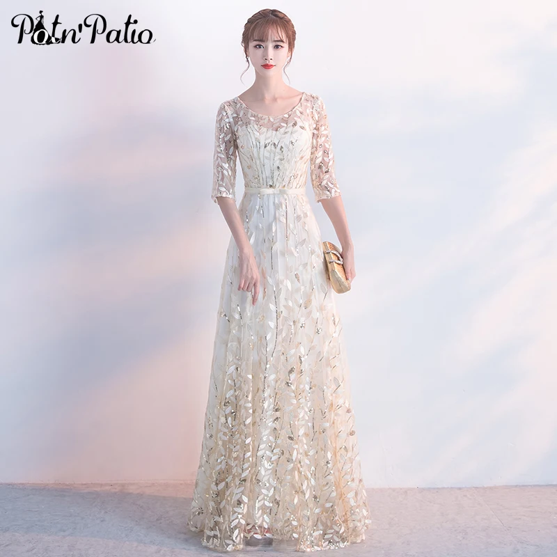 PotNPatio Champagne Long Evening Dress With Half Sleeves