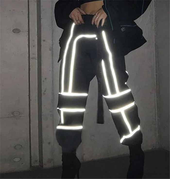 

Women Fashion Street Reflective Patchwork Cargo Pants with Sashes Pockets 2019 New Trousers High Waist Night Joggers Harem Pant