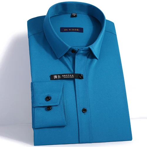 Мужские базовые рубашки с длинными рукавами из бамбукового волокна, эластичные повседневные рубашки с округлым подолом, простые деловые официальные Топы - Цвет: Dark Blue