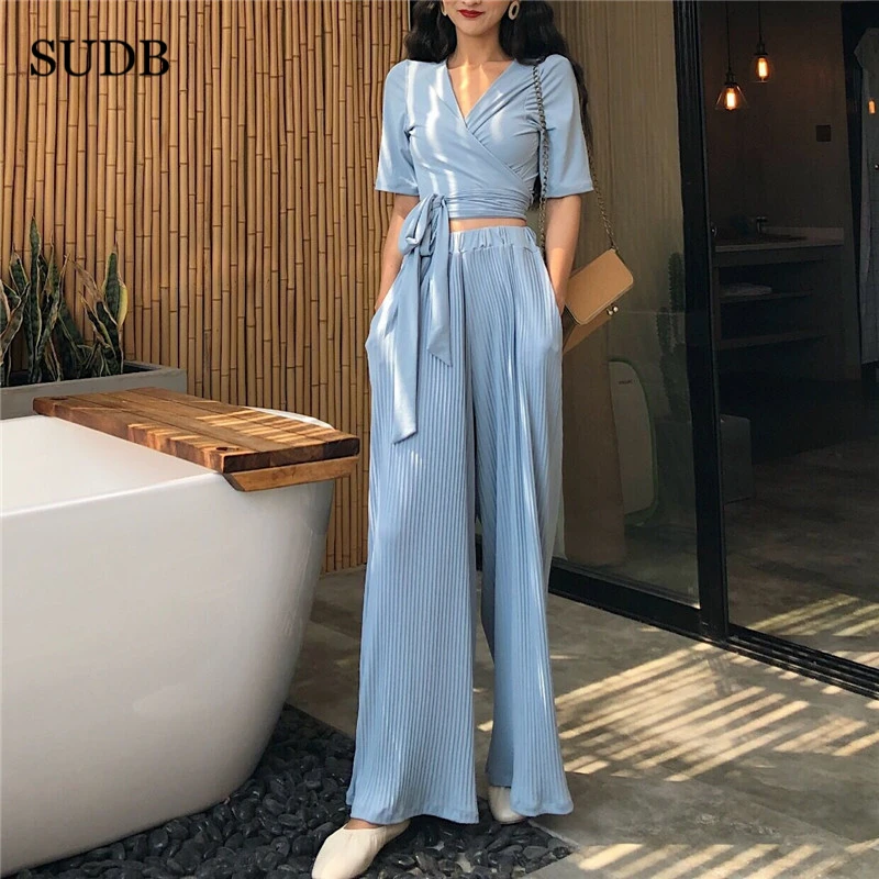 SUDB Two Piece Set Top And Pants Crop Wide Leg 2 Sets Women Tracksuits Outfits Trousers | Женская одежда