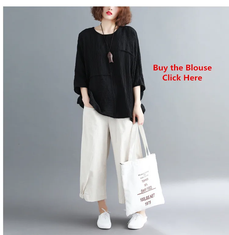  LZJN 2019 New Cotton Linen Soft Wide Leg Women Pants Elastic Waist Solid Color Summer Loose Trouser Plus Size Capris with Pocket (18)