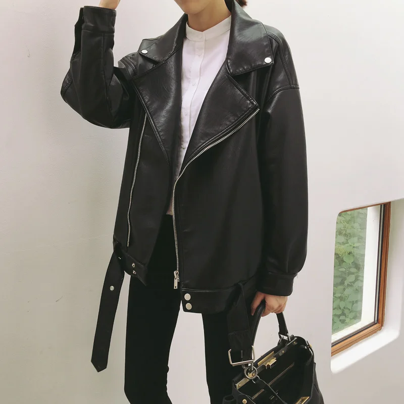 Best Zipper Wide-waisted Leather Women Coats Zipper Brand Turn-down Collar Female Jackets Spring and Aut