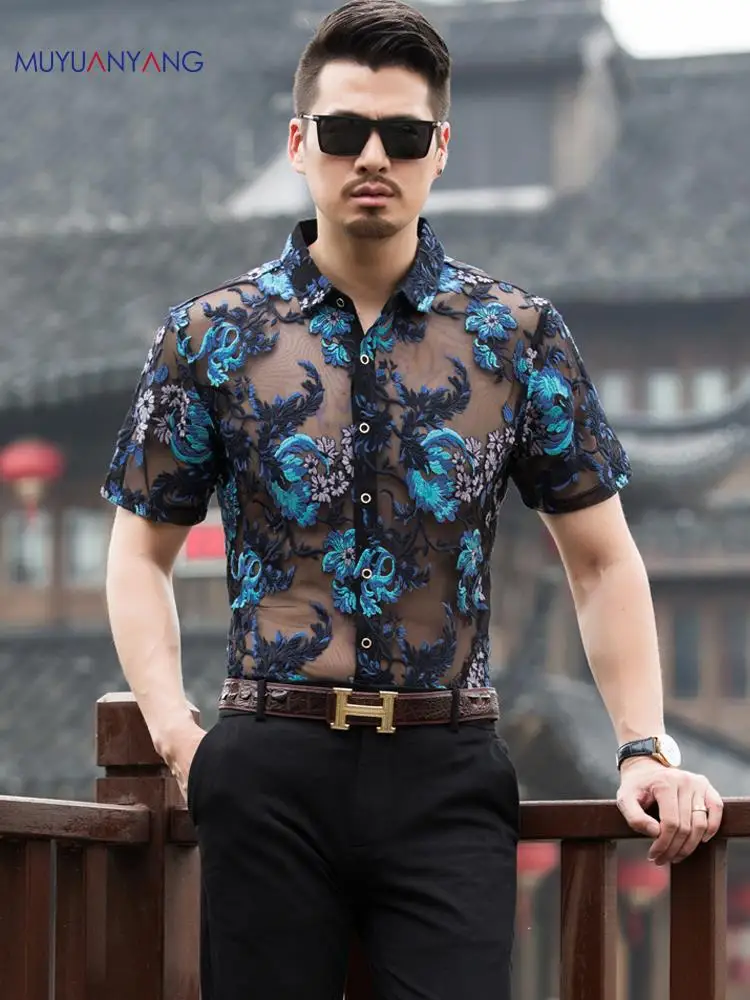 

2019 New Sexy Lace Shirt For Male Embroidery Men Transparent Shirt See Through Mesh Shirt Club Party Prom Chemise Homme 3xl