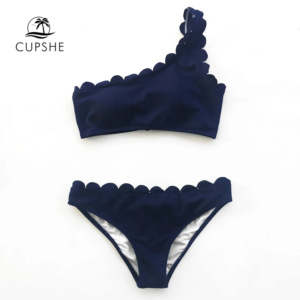 CUPSHE Pink And Navy Miss The Past One Shoulder Bikini Set Women Solid Sexy Two Pieces Swimwear 2018 Girl Beach Swimsuits