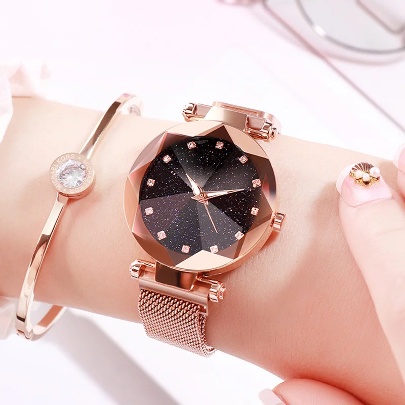 Розовые черные часы женские кварцевые часы Звездное небо Дамы Топ бренд кристалл Роскошные женские наручные часы девушка часы Relogio Feminino