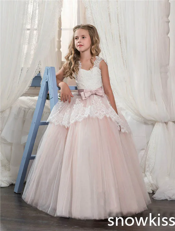 2017 blush pink flower girl dress for beach wedding with lace appliques kids pageant prom gown evening party dresses with bow
