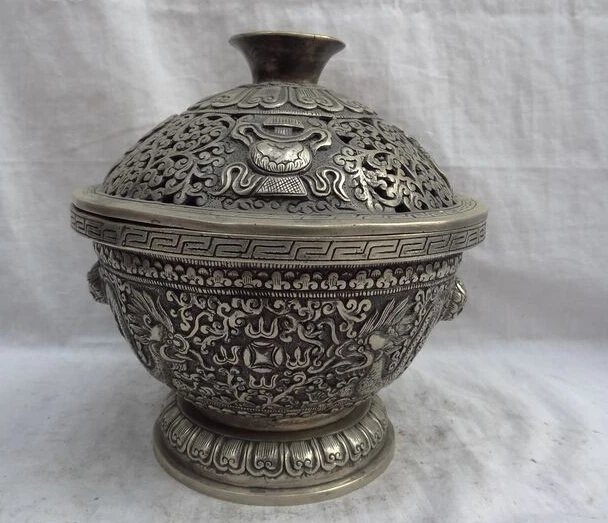 

JP S0608 Chinese Silver 2 Dragon Coin Statue Tibet 8 Auspicious Symbol Box Incense Burner