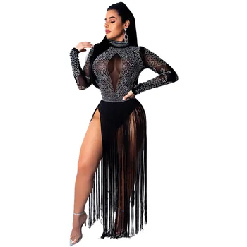

Rhinestone Black Sheer Mesh Sexy Maxi Dress Women Long Sleeve Diamonds Elegant Tassel Dress Night Club Evening Party Dresses