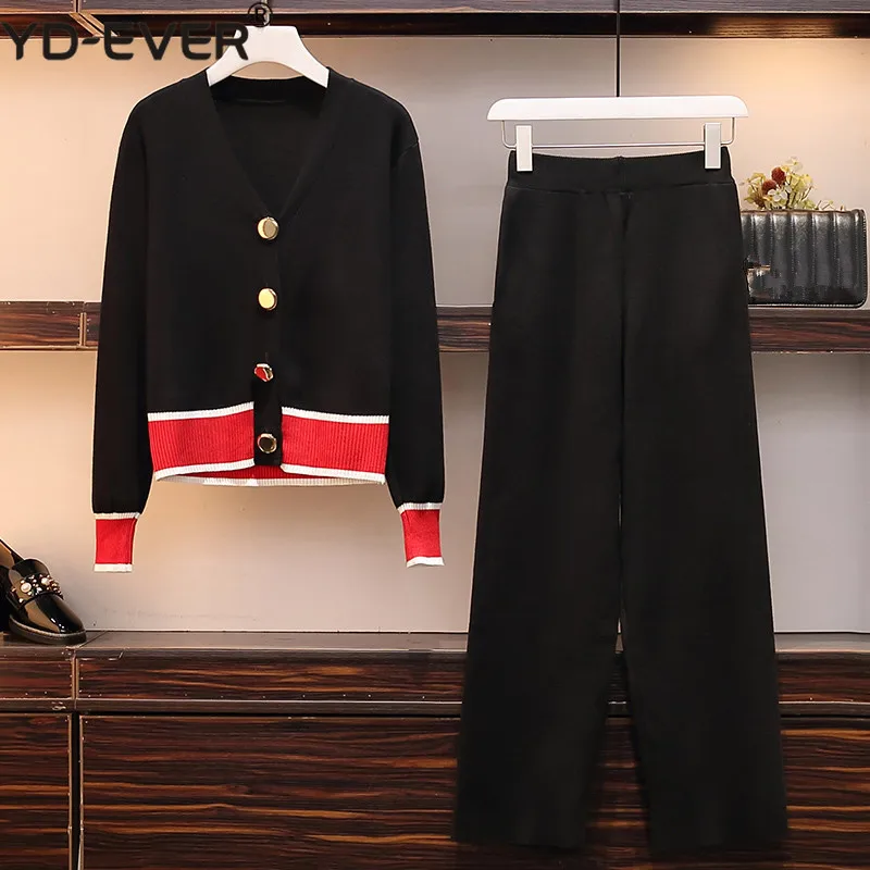

Spring 2019 Women Patchwork Knitted Single Breasted Cardigan Coat Pants Set Plus Size V Neck Jacket Wide-Leg Trousers 2PCS Suits