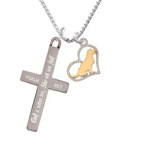 Two Tone Labrador Silhouette Heart - She will not Fall - Cross Necklace (1)