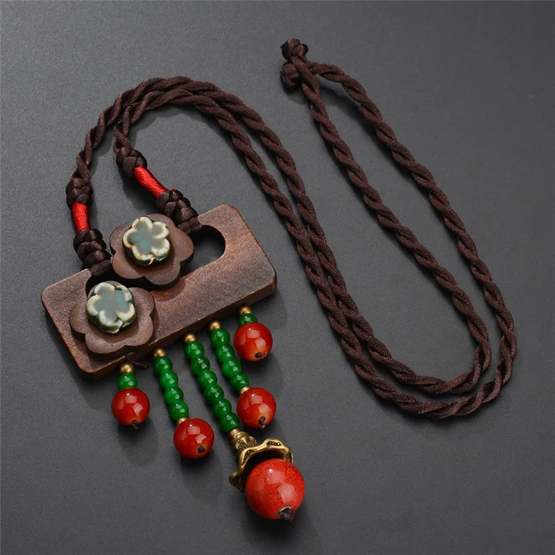 

New Boho Style Rope Chain Camera Shape Turquois Stone Wood Alloy Ceramics Beads Pendant&Necklaces For Women Jewelry