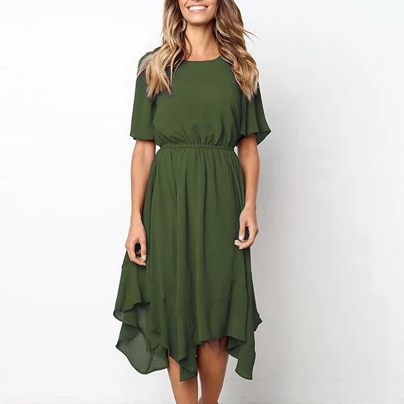 

Laamei 2019 Sexy Elastic Wiast Women Dress Summer Short Sleeve O-neck Female Dress Irregular Sundress Solid Color Beach Wear