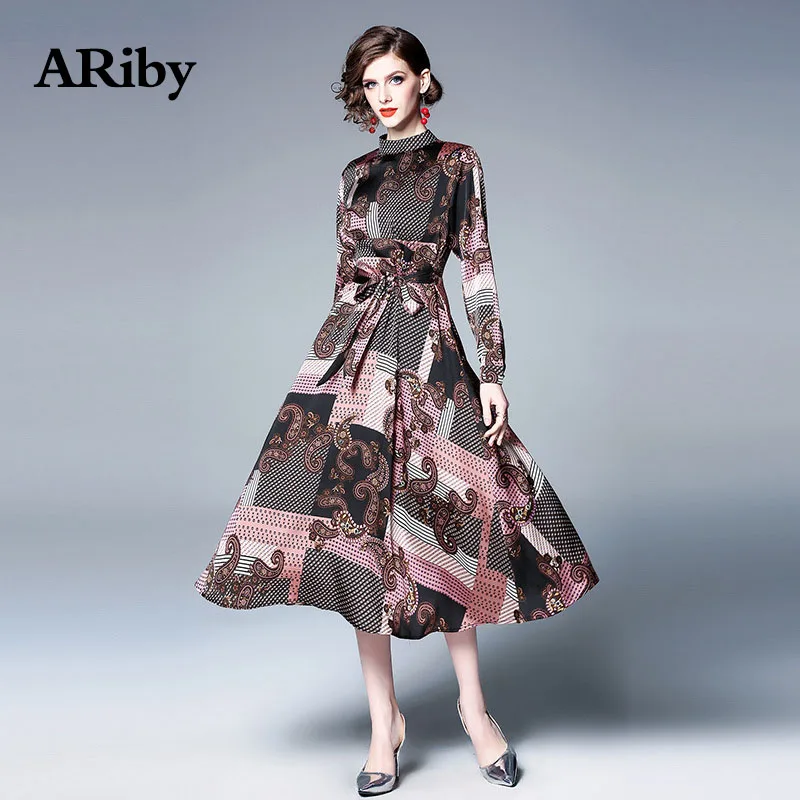Women Dress Maxi Party Dress 2019 Spring Summer New Office Lace Print Vertical Collar Waist Strap Big Pendulum Long Sleeve Dress