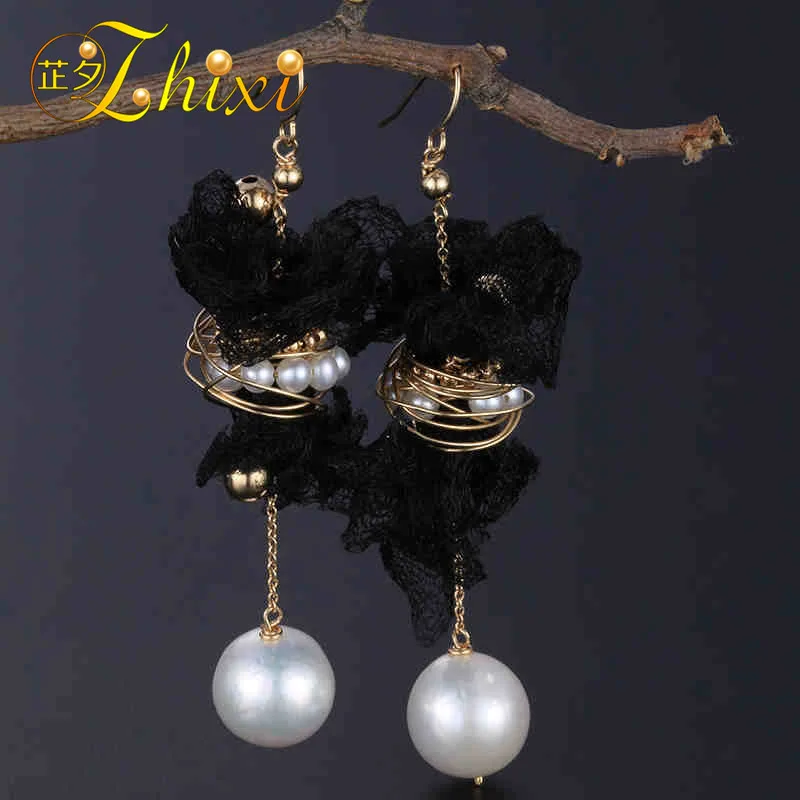 

[ZHIXI] Freshwater Pearl Earrings For Women 9K Yellow Gold Jewelry Big Natural Pearl Dangle Earrings Trendy Gift E317