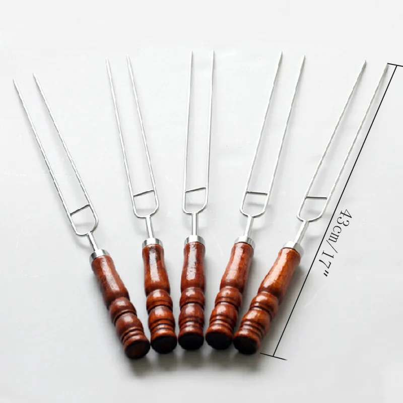 New 10pcs/set Row U BBQ roast barbecue High stainless steel needle w/wooden handle Skewers for Camping and Kitchen Dining Tools