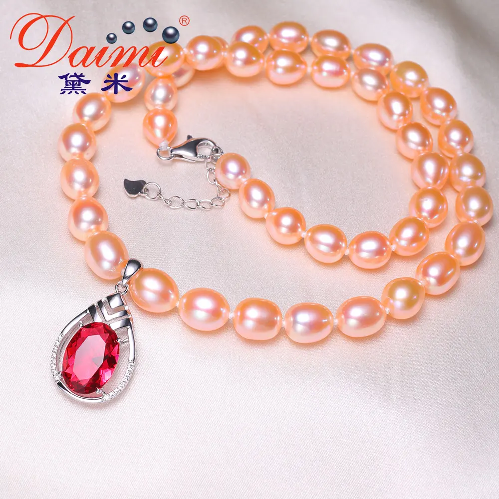 

DAIMI Rice Shape Necklace 925 Silver Necklace 8-9mm Bright Pink Pearl Freshwater Pearl Necklace Best Gift