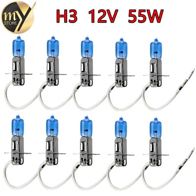 

10pcs H3 55W 12V Super Bright White Fog Lights Halogen Bulb High Power Car Headlight Lamp Car Light Source parking 6000K auto
