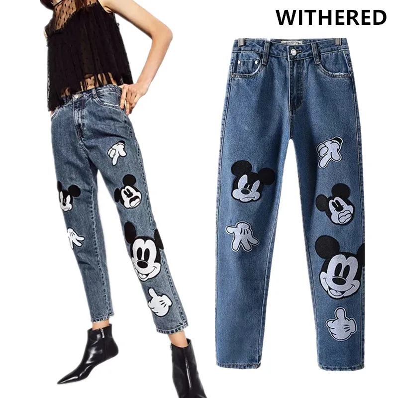 Tanie Zwiędły mama dżinsy kobiety anglia high street kreskówka mysz patchwork luźne płynu do płukania jeansowe harem spodnie damskie plus size