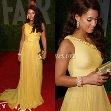 Neue Elegante Alicia Keys Gelb Schulter Eitelkeit Oscar Party Roter Teppich Abendkleider Perlen Faltechiffon-Abschlussball-partei-kleider