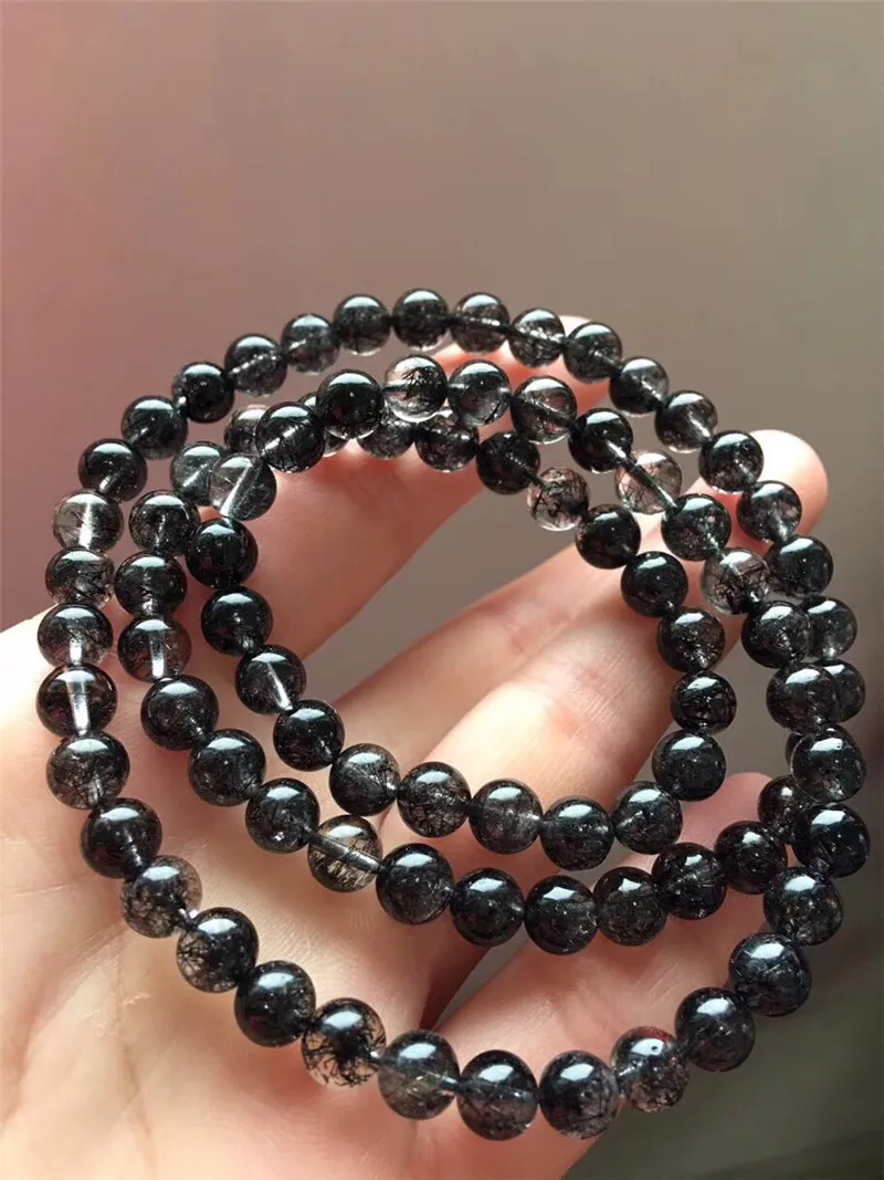 

6.6mm Natural Black Rutilated Quartz Bracelet From Brazil Round Beads Gems For Women Men Gift Crsytal 3 laps Bracelets AAAAA