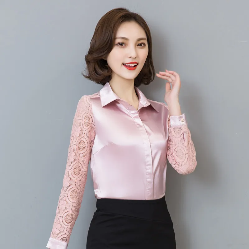 2018 spring Women lace stitching Satin silk blouse Blouses women plus ...