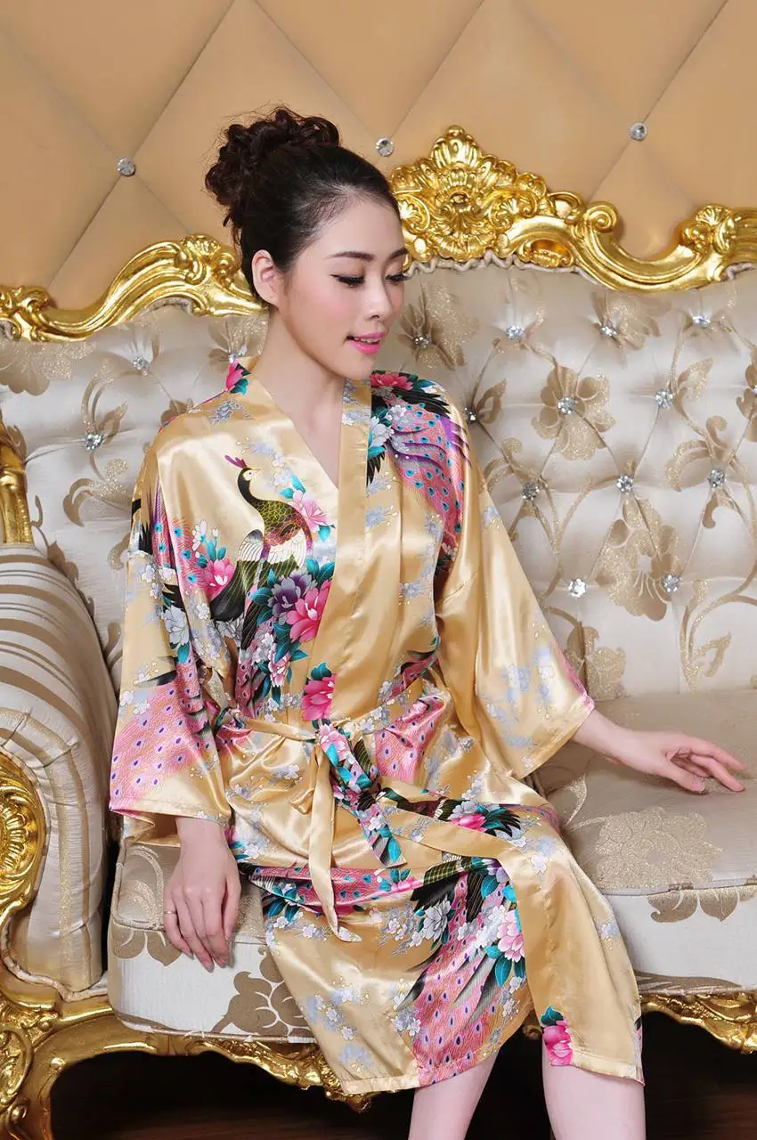 Шелковый халат женский атласное кимоно; наряд для женщин Цветочные халаты длинное кимоно халат невесты шелковый халат Павлин пижамы 16 - Цвет: picture color