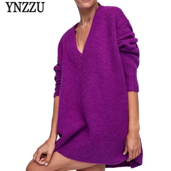 

YNZZU High Quality V Neck Sweater Women 2018 Autumn Winter Purple Mid-Long Loose Wool Knit Pullover Oversized Pull Femme YT465