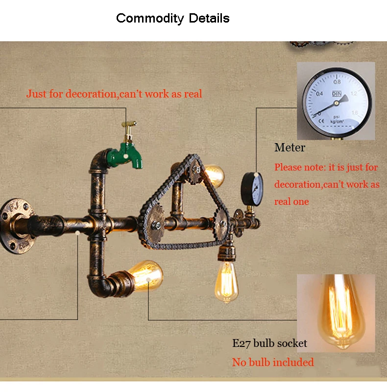 Лофт ретро настенные светильники цепи водопровод кран огни промышленности ветер Бар Кафе прохода лестницы Паб Клуб фотографии для интерьера ресторана Бра бюстгальтер