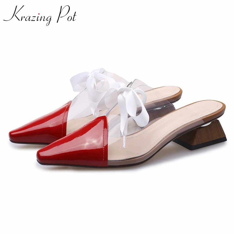 

Krazing Pot genuine leather slip on mules pointed toe strange med heel ribbon Transparent jelly shoes butterfly-knot pumps L10