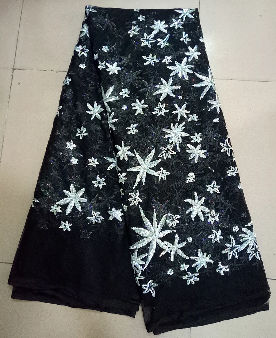 

Newest starfish design black and white sequins fabric beautiful dubai african french tulle lace fabric high quality 5 yards/lot