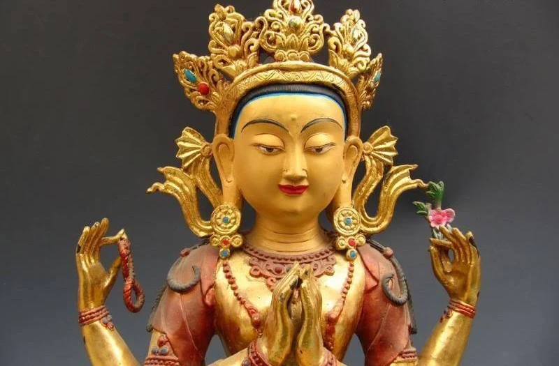 

19 Tibet Bronze Copper Gild painted Four-armed Avalokitesvara Kwan Yin GuanYin 8.02