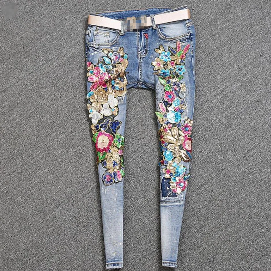 spring autumn new fashion women bronzing sequins flowers worn mid waist skinny pencil jeans plus size 2XL