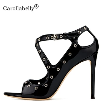 

Trendy Pointed Toe High Heel Black Patent Pumps with Metal Loops Womens Pointy Stiletto Heels Ladies Cross Strap Heeled Shoes