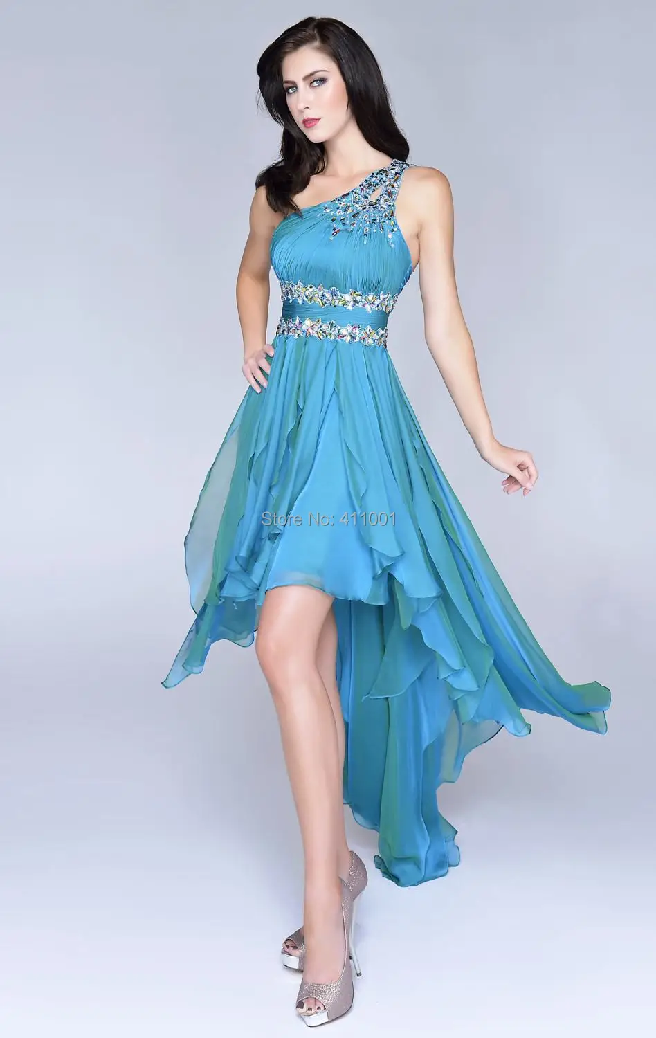 Teal One Shoulder Chiffon Beaded HI LO Cocktail Dress Party Bridal Gown ALL Sizes-in Cocktail
