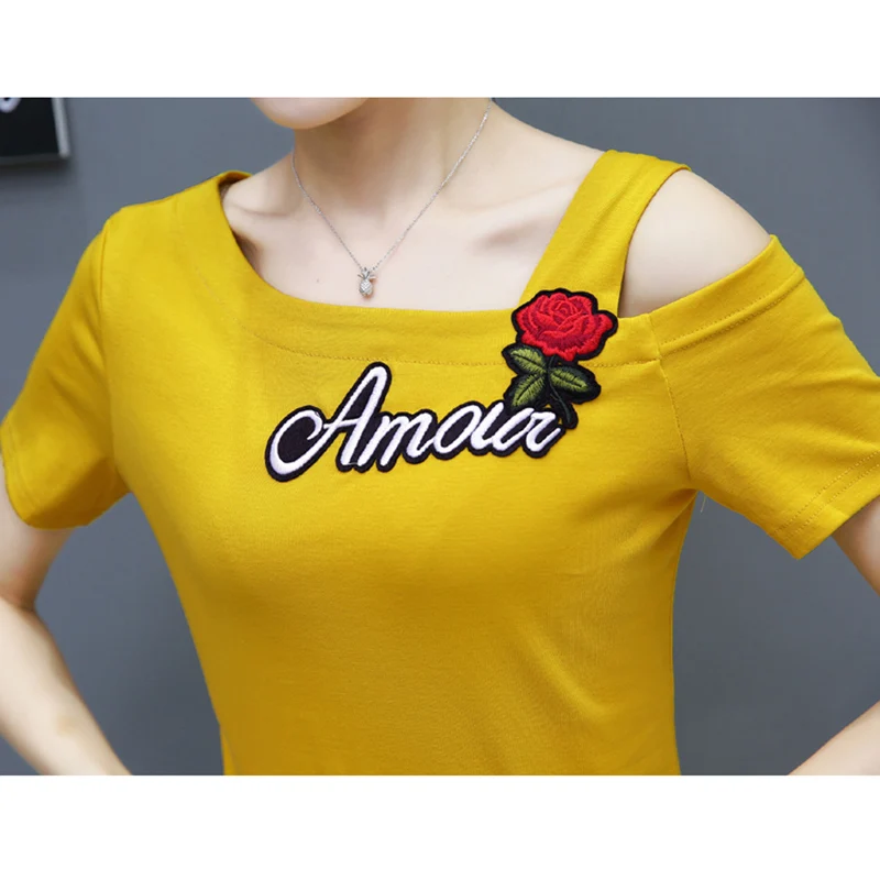 تي شيرت التطريز أوف وايت T قميص ملابس حريمي قصيرة الأكمام الكورية إمرأة قمم Poleras دي موهير مودا 2019 المحملة قميص فام تي شيرت التطريز أوف وايت T قميص ملابس حريمي قصيرة الأكمام الكورية إمرأة قمم Poleras دي موهير مودا 2019 المحملة قميص فام