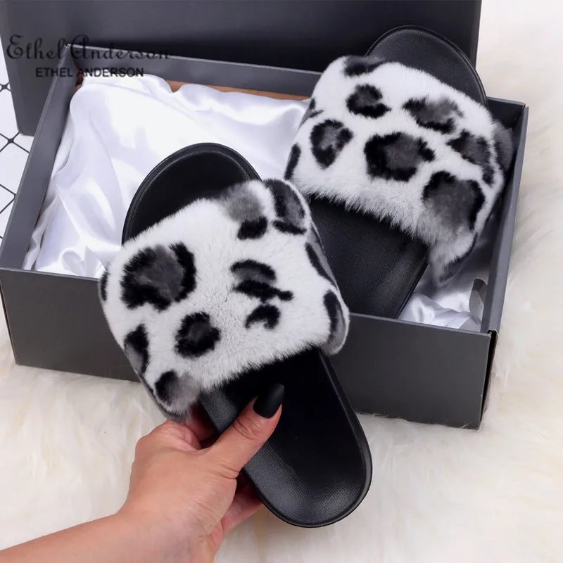 

Ethel Anderson Fashion Real Rabbit Fur Slippers Casual Leopard Slides Indoor Outdoor Slip on Flats Fur Shoes