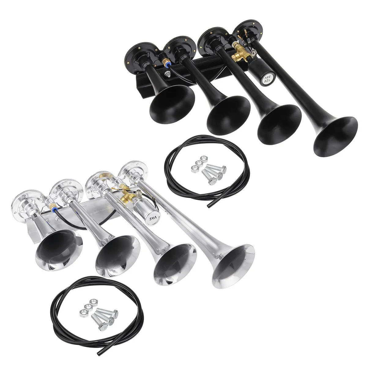 

149db 4/FOUR Metal Car Trumpet Air Horn Chrome For Train Truck Boat Steamer 12/24V