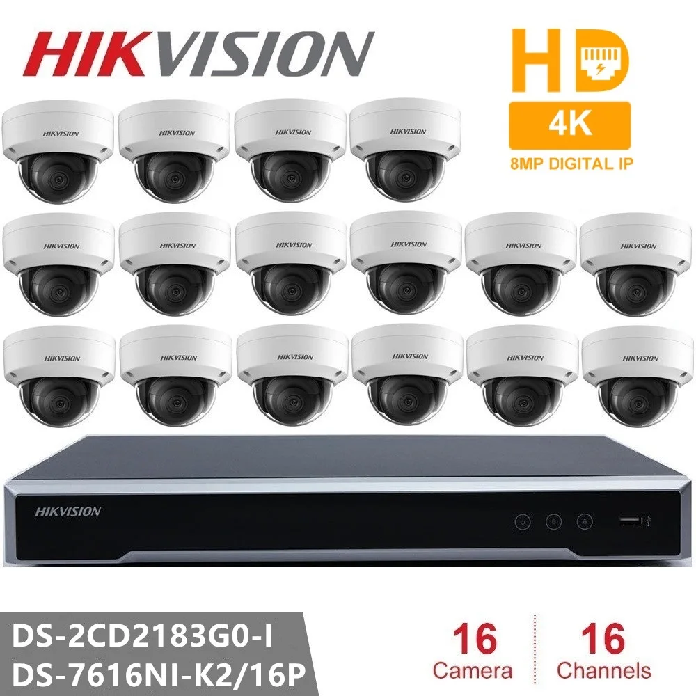 Hikvision 16CH CCTV комплект видеонаблюдения 8MP система безопасности POE NVR + 16Pcs IP Camera H.265