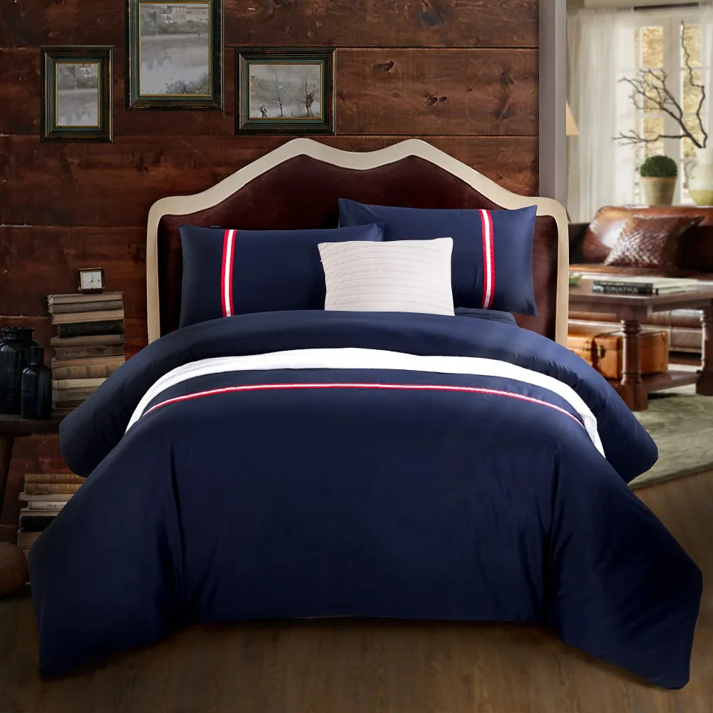 100 Cotton Bedding Sets Blue Solid Printed 4pcs Queen King Size Bed